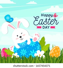 Flat Design Easter Day Bunny Holding Egg
