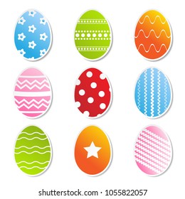 Flat design easter eggs with custom pattern and shadow isolated on white background. Abstract easter egg collection.