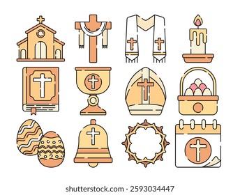 Flat design Easter icons. Church, cross, candle, Bible, chalice, bishop's hat, eggs, bell, crown of thorns, calendar. Ideal for holiday graphics, religious content, and festive designs.