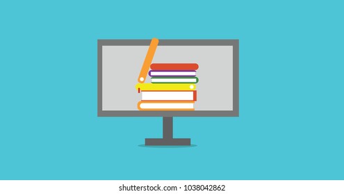 A flat design of an e-book, book that pops out of a computer, monitor