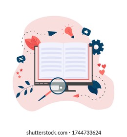 Concepto de ebook de diseño plano. Bibliotecas y libros en línea	
