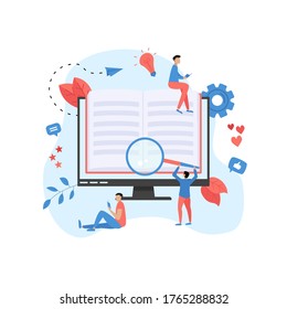 Concepto de ebook de diseño plano. Bibliotecas y libros en línea