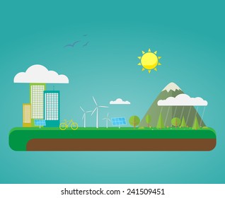 Flat design eco city surrounded with nature, trees and mountain.