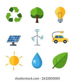 A flat design eco-friendly icon set featuring symbols of sustainability: recycling, tree, lightbulb, solar panel, wind turbine, electric car, sun, water drop, and leaf