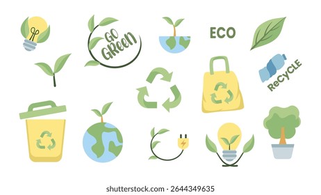 Flat Design Eco-Friendly Set with Recycling, Planting, and Green Energy Symbols