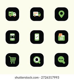 Conjunto de iconos de comercio electrónico y entrega de diseño plano.
