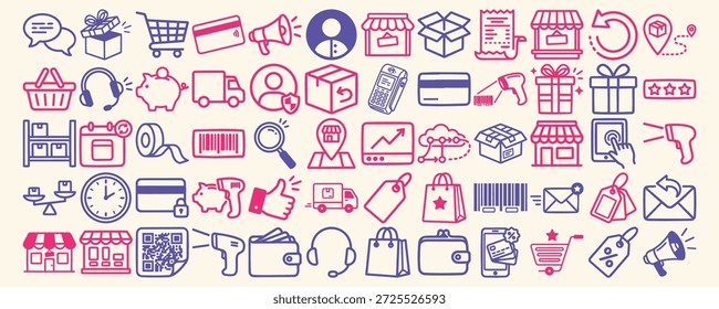 Un conjunto de iconos de comercio electrónico de diseño plano muestra símbolos de compras de color rosa y púrpura para interfaces de Web y App, vibrante.