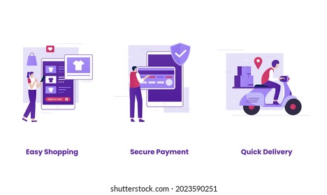Conjunto de ilustraciones de comercio electrónico de diseño plano. Ilustraciones para sitios web, páginas de inicio, aplicaciones móviles, afiches y banners.