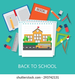 flat design of education elements and background. back to school concept. there are school building, bus and icons. Can be used for cover page, web design, banner. vector illustration.