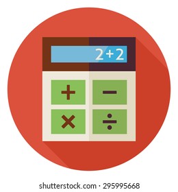 Flat Design Education and Maths Calculator. Back to School and Education Vector illustration. Flat Style Colorful Calculator Circle Icon with long Shadow. Study and Learning Business Object.