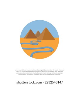 Flat design Egypt landscape. Vector pyramids and river. Monument on starry desert night in a rounded for logo or illustration