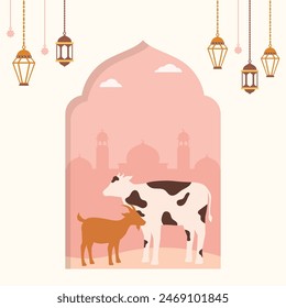 Flat design of Eid Al-Adha Mubarak greeting postcard illustration