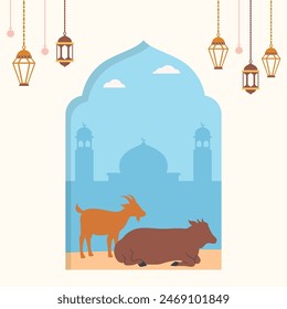 Flat design of Eid Al-Adha Mubarak greeting postcard illustration