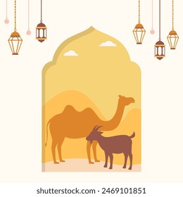 Flat design of Eid Al-Adha Mubarak greeting postcard illustration