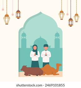 Flaches Design von Eid Al-Adha Mubarak Gruß Postkarte Illustration