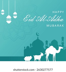 Flat Design Eid al-Adha Mubarak Banner with Religious Icons, Lentern, Mosque, and Sacrificial Animals – Ideal for Social Media and Print Greetings