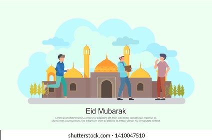 Flat design Eid Mubarak celebration concept illustration. Islamic Holy Month, Ramadan Kareem. Landing page templates, Flyer, Banner, Card invitation, Print and social media.