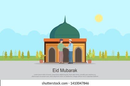 Flat design Eid Mubarak celebration concept illustration. Islamic Holy Month, Ramadan Kareem. Landing page templates, Flyer, Banner, Card invitation, Print and social media.