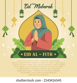 Flat design eid mubarak woman praying premium vector The Concept of Isolated Technology. Flat Cartoon Style Suitable for Landing Web Pages, Banners, Flyers, Stickers, Cards