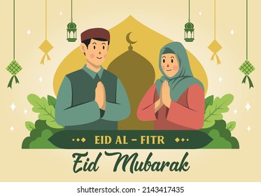 Flat design eid mubarak woman and man premium vector The Concept of Isolated Technology. Flat Cartoon Style Suitable for Landing Web Pages, Banners, Flyers, Stickers, Cards
