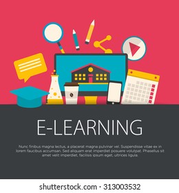 Flat design e-learning concept. E-learning equipment background. Vector illustration.