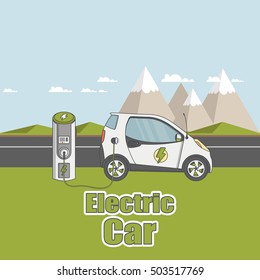 Flat Design of Electric car on charging station. Vector eco landscape with electric car illustration.