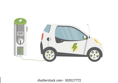 Flat Design Of Electric Car On Charging Station. Vector Electric Car Illustration.