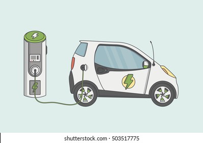 Flat Design of Electric car on charging station. Vector Electric car illustration.