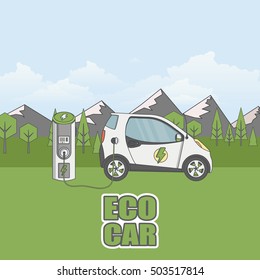 Flat Design of Electric car on charging station. Vector eco landscape with electric car illustration.