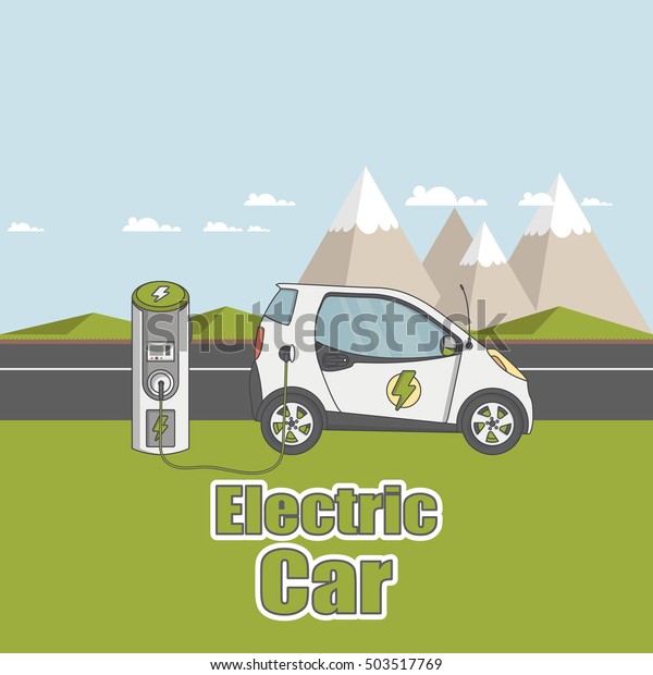 Flat Design of Electric\
car on charging station. Vector eco landscape with electric car\
illustration.
