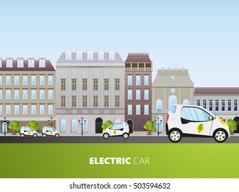 Flat Design of Electric Car. Vector eco urban scene with electric car illustration.
