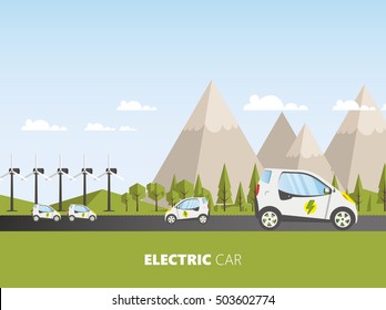 Flat Design of Electric car. Vector eco landscape with electric car illustration.