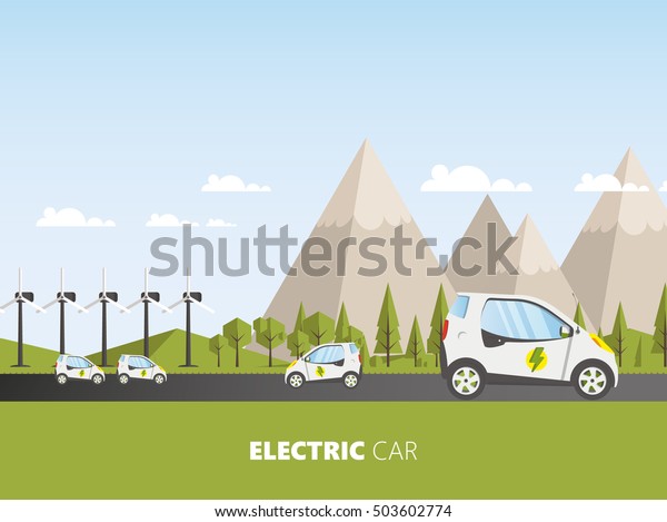 Flat Design of Electric car. Vector eco\
landscape with electric car\
illustration.