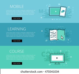 Flat design electronic education banners template set. Education concept for web and app design