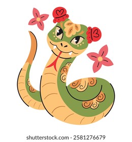 Flat design elegant golden snake with floral decorations isolated vector illustration