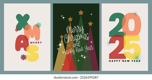 flat design element merry christmas day and happy new year 25 december greeting card collection set