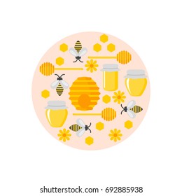 Flat design elements of Beekeeping and apiculture. Beekeeper Tools and equipment set. Apiary Instrument isolated. Natural organic Honey in jar