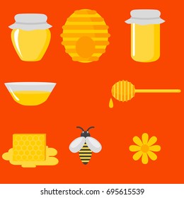 Flat design elements of Beekeeping and apiculture. Beekeeper Tools and equipment set. Apiary Instrument isolated. Beehive and Honeycomb. Honey in jar vector.