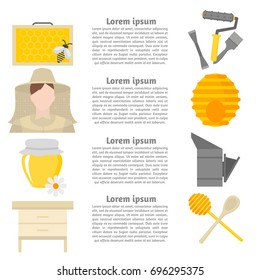 Flat design elements of Beekeeping and apiculture. Beekeeper Tools and equipment set. Apiary Instrument isolated. Beehive and Honeycomb. Honey in jar vector