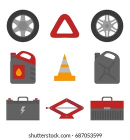 Flat design elements of Car service and diagnostic. Auto mechanic repair of machines. Mechanic Tools and equipment set