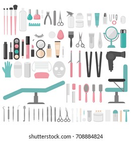 Flat design elements of cosmetology, hairdressing, makeup and manicure. Spa Tools and equipment set. Cosmetic Instrument isolated. Scissors, brushes and devices.