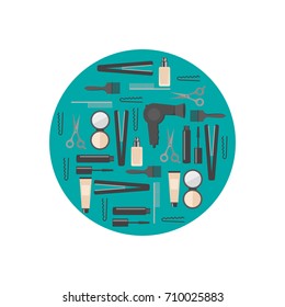 Flat design elements of cosmetology, hairdressing, makeup and manicure. Spa Tools and equipment set. Cosmetic Instrument isolated. Scissors, brushes and devices vector