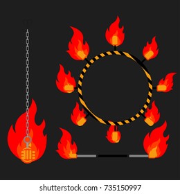 Flat design elements of fire show. Set with accessories and equipment. Flame circus Instrument isolated. devices. Fans, stuff and poi.