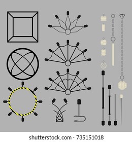 Flat design elements of fire show. Set with accessories and equipment. Flame circus Instrument isolated. devices. Fans, stuff and poi.