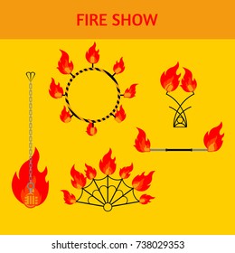 Flat design elements of fire show. Set with accessories and equipment. Flame circus Instrument isolated. devices. Fans, stuff and poi.