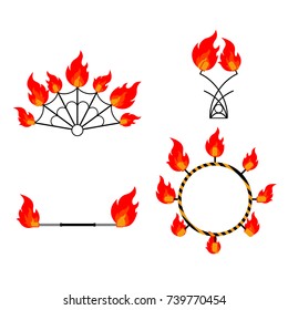 Flat design elements of fire show. Set with accessories and equipment. Flame circus Instrument isolated. devices. Fans, stuff and poi.