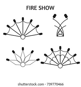 Flat design elements of fire show. Set with accessories and equipment. Flame circus Instrument isolated. devices. Fans, stuff and poi.