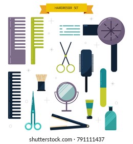 Flat design elements of hairdresser. Colorful Set with beauty haircut accessories and equipment. Haircut salon Instrument isolated. Scissors, brushes and devices, vector illustration