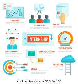 Flat design elements of internship, mentoring, training, skills, development, challenge, communication, performance, productivity, potential, goal development. Infographic vector template.