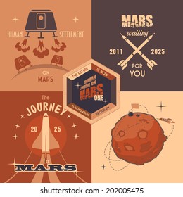 Flat design elements, vintage labels for Mars colonization program. The first humans on Mars - the Martian colonization project